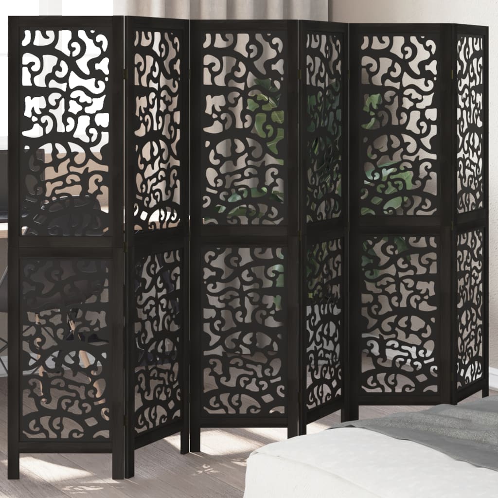 Room Divider 6 Panels Black Solid Wood Paulownia